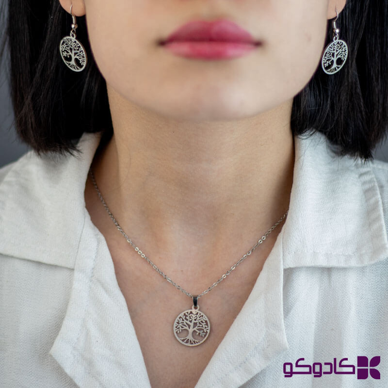 ست گردنبند و گوشواره درخت زندگی استیل نقره‌ای | نیم‌ست دخترانه